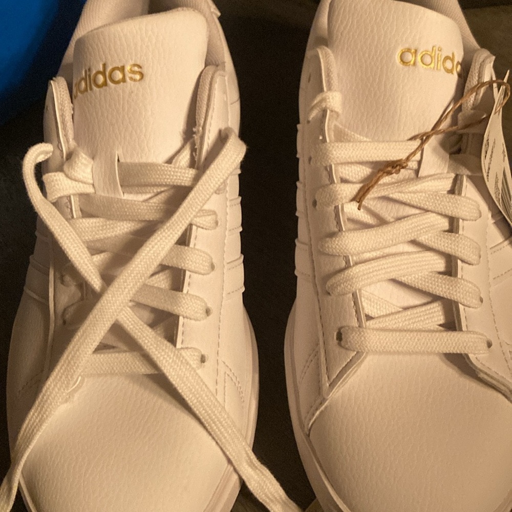 Adidas White Shoes with Gold Accents